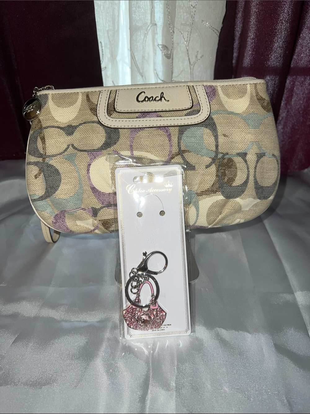 Coach Beige Signature Canvas Wristlet with Pastel Blue and Lavender Accents - Picture 2 of 11